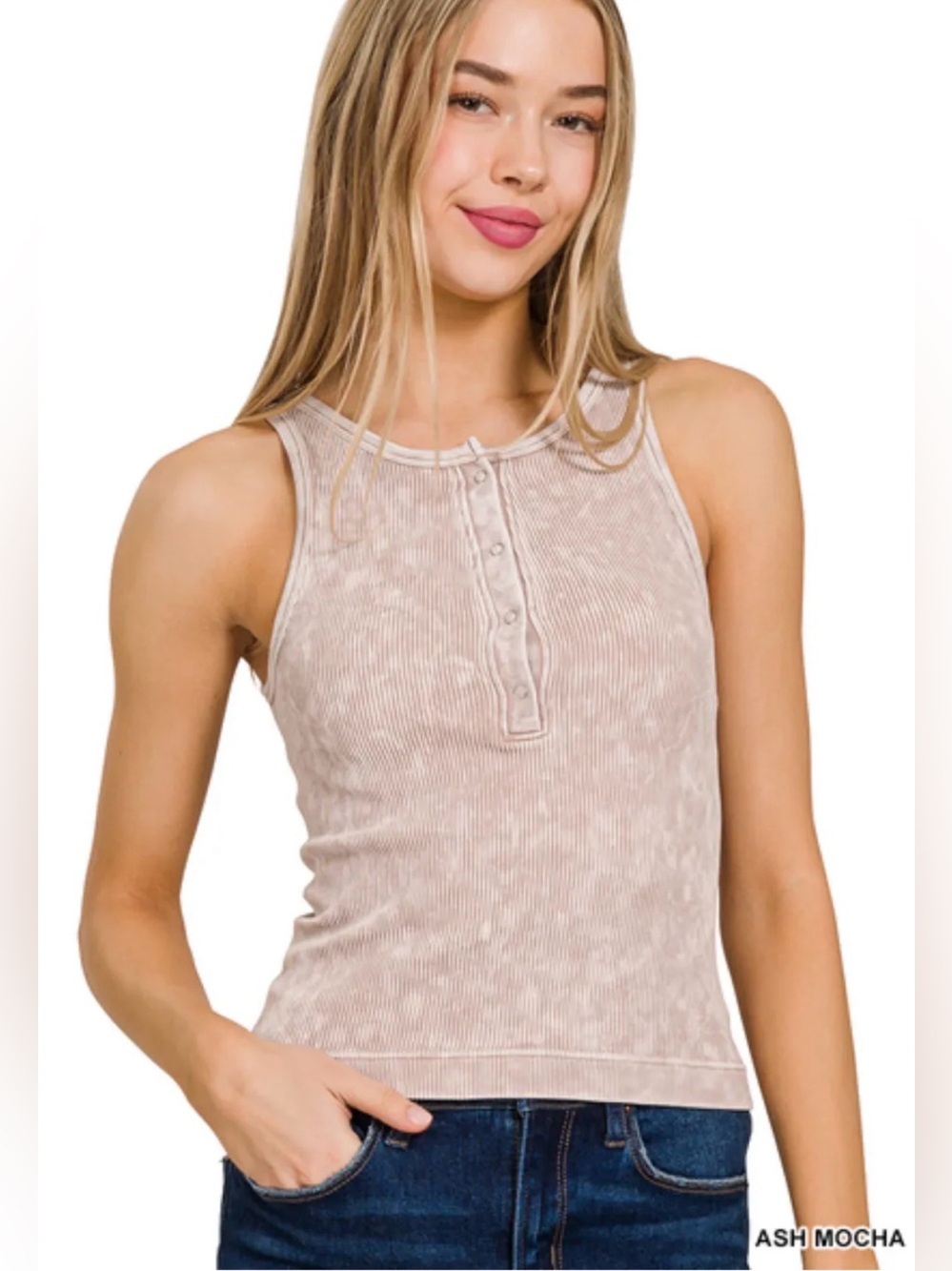 NWOT Zenana Ash Mocha Washed Seamless Ribbed Button Henley Tank Top